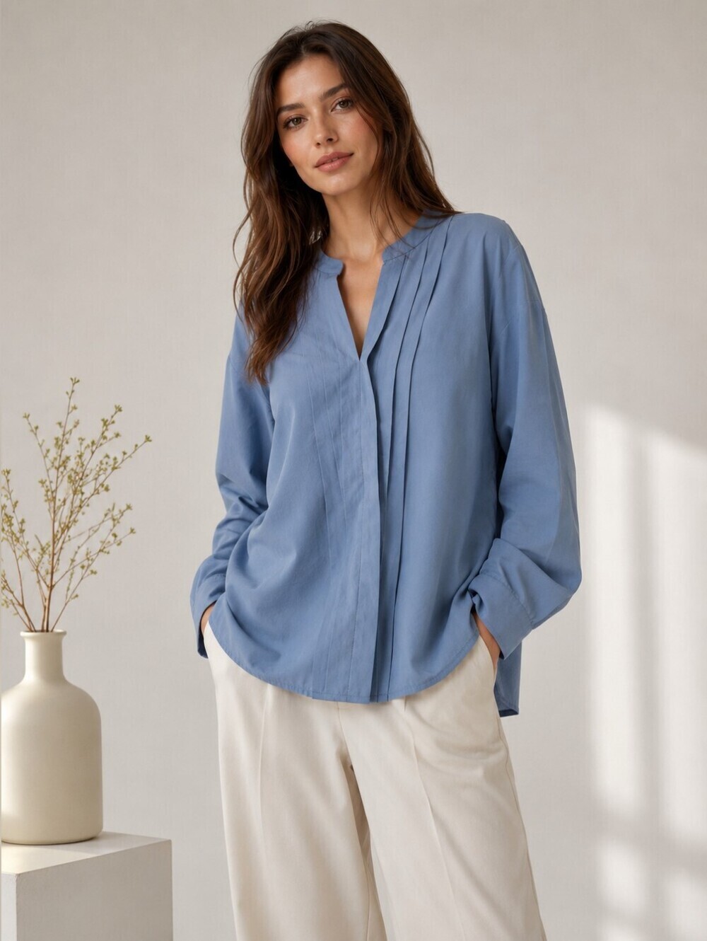 Dusty Blue Pleated V-Neck Blouse Top - 8/10